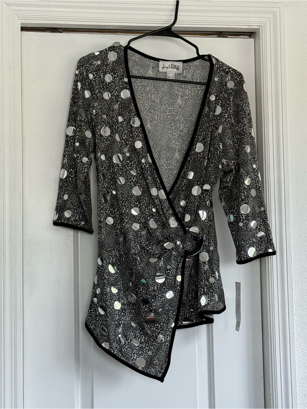 Joseph Ribkoff Black and Silver Polka Dot Wrap Blouse